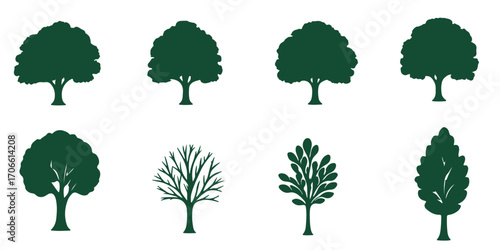 Tree silhouette icon collection, forest and pine tree vector set, nature foliage design bundle, simple black isolated tree shapes