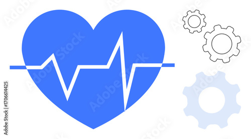 Blue heart with a cardiogram line surrounded by three mechanical gears. Ideal for health technology, innovation, medical devices, data, healthcare, diagnostics, and simple landing page
