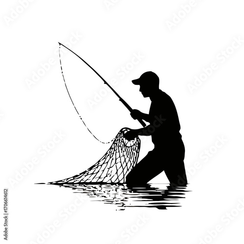 Silhouette a fisherman casting a net in water