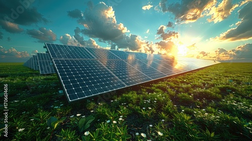 photovoltaics solar panels and wind turbines generating electricity on grass hill and blue sky with clouds. Ecology green nature concept.