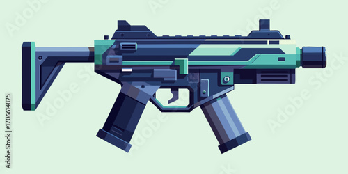 Isometric submachine gun vector illustration featuring a clean geometric design with modern aesthetics, showcasing vibrant colors and sharp lines for contemporary visual appeal