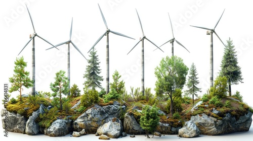Wind turbines for renewable energy, green concept. white background, copy space