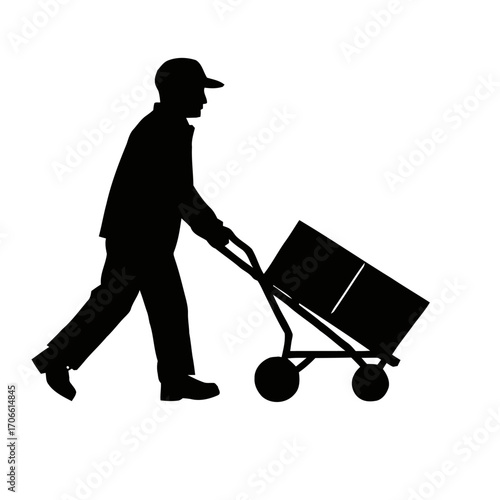 Silhouette a delivery person pushing a hand truck with boxes