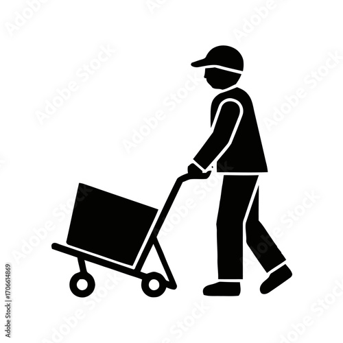 Delivery person pushing a cart with a box