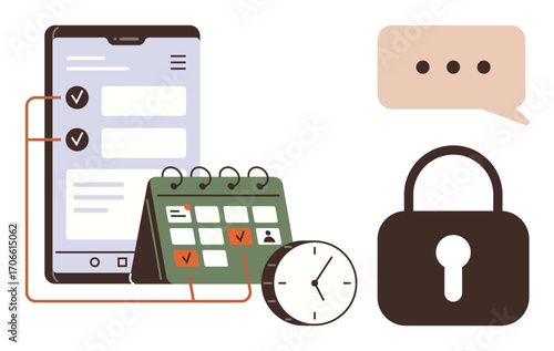 Smartphone with task checklist, calendar with marked dates, clock, speech bubble, and padlock. Ideal for time management, productivity, security, organization communication planning privacy