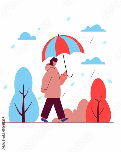 Person walking with a colorful umbrella through a serene autumn landscape, surrounded by stylized trees and soft clouds, embodying the essence of autumn melancholy and sadness