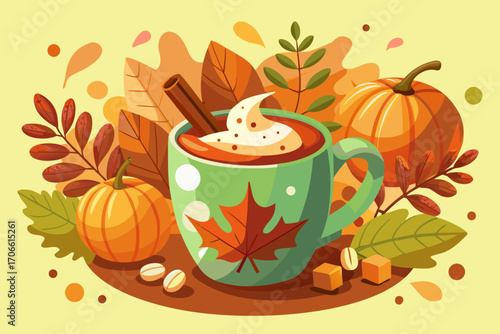 Colorful autumn illustration featuring a cozy cup of pumpkin spice drink topped with cream, surrounded by vibrant leaves and pumpkins, capturing the essence of fall vibes