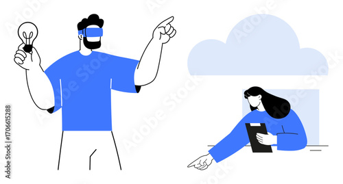 Man presenting ideas with a light bulb, woman taking notes while interacting. Ideal for teamwork, brainstorming, innovation, remote work, creativity, collaboration, simple landing page