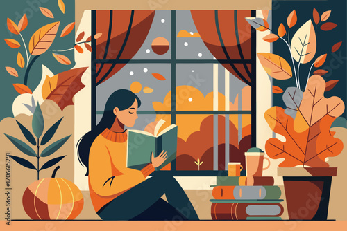 Cozy autumn scene featuring a woman reading a book by a window surrounded by vibrant fall leaves, pumpkins, and warm colors, evoking a peaceful seasonal atmosphere