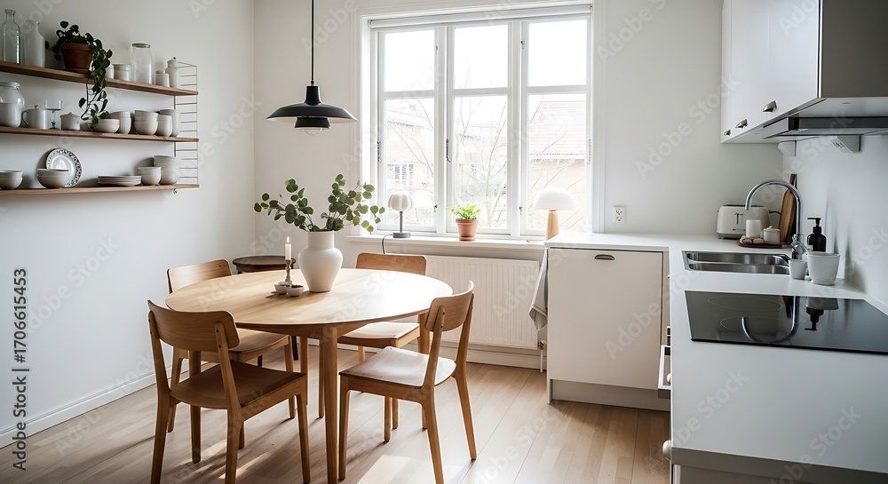 Fototapeta premium Minimalist Scandinavian Kitchen Interior Bright Airy Wooden Table Modern Design.