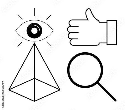 Eye above pyramid, thumbs-up gesture, magnifying glass emphasize clarity, approval, exploration. Ideal for analysis, vision, research, teamwork creativity individuality simple landing page