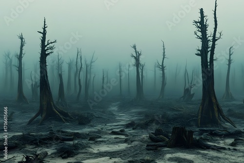 Eerie swamp landscape shrouded in dense fog