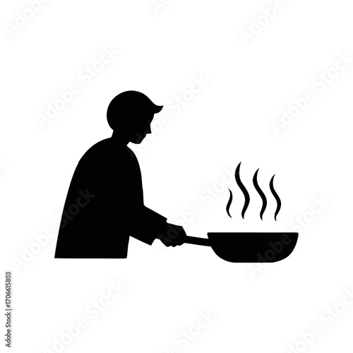 Silhouette a person cooking food in a frying pan