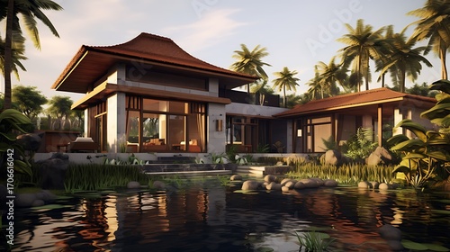 Wallpaper Mural Tranquil modern villa with traditional architectural elements, nestled amidst a lush tropical Torontodigital.ca