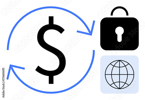 Black dollar sign with circular arrows, a lock for security, and a globe symbolizing global network. Ideal for finance, security, trade, globalization, digital economy, fintech scalable flat