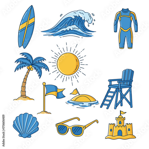Set of  surfing icons in hand drawn blue and yellow doodle style. Vector illustration with surfboard, wave, wetsuit, palm tree, sun, beach flag, lifeguard chair, shell, sunglasses