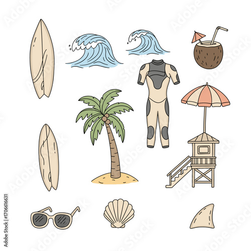 Set of  surfing icons in hand drawn doodle style. Vector illustration with surfboard, wave, wetsuit, coconut drink, palm tree, beach umbrella, lifeguard tower, sunglasses, seashell, shark fin