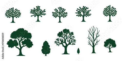 Tree silhouette icon collection, forest and pine tree vector set, nature foliage design bundle, simple black isolated tree shapes
