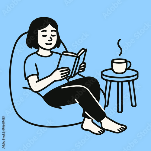 Simple vector illustration of a person relaxing in a beanbag chair with a book and a hot drink. Concept of a cozy lifestyle, hobby, and self-care at home
