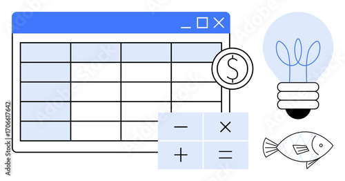 Spreadsheet with calculator buttons, dollar sign, light bulb, and fish. Ideal for finance, sustainability, innovation, budgeting analysis renewable energy environmental awareness. Simple flat