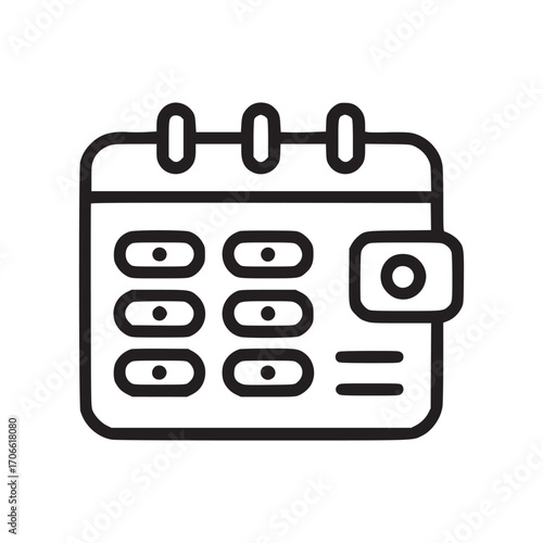 Vector art of calendar with wallet illustration, symbolizing financial planning, budgeting, and expense tracking, ideal for use in personal finance apps, investment guides, and economic reports