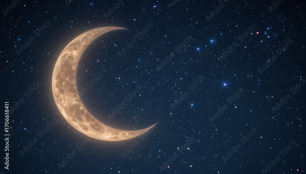 Naklejka premium A luminous crescent moon hangs in a dark, star-filled night sky.