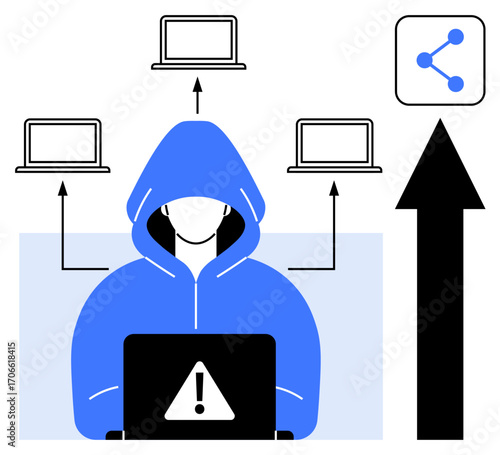 Hacker working at a laptop with alert symbol, connected to multiple devices. Network flow, data breach, and cyber sharing emphasized. Ideal for threats, technology, security, risk privacy hacking