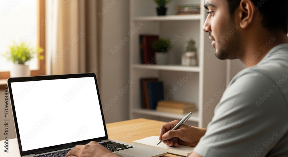 Fototapeta premium Over shoulder view of white blank empty mockup laptop screen for advertising. Indian adult male student having virtual meeting, training online call, educational webinar, chatting or working at home