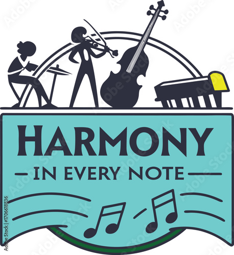 Creative logo featuring drummer, violinist, double bass, and piano with the text "Harmony in Every Note". Perfect for bands, music schools, events, concerts, and branding.