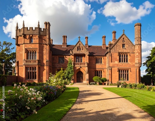 Grand brick manor house, gardens, and driveway