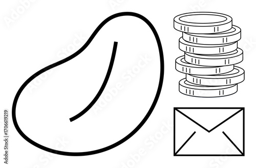 Bean seed next to stacked coins and an envelope conveys financial growth, saving, sustainability, and correspondence. Ideal for agriculture, finance, trade, ecosystem outreach investment. Simple