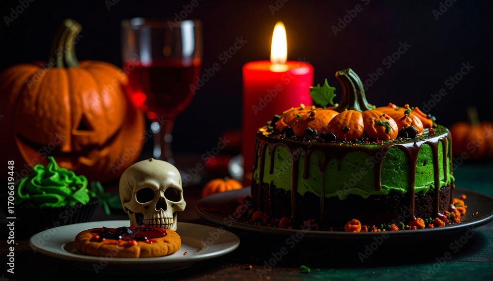 Naklejka premium A spooky Halloween table setting featuring a carved pumpkin, cake and decorations. The scene evokes the spirit of the holiday