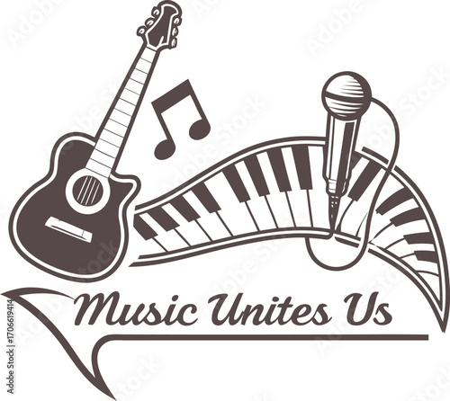 Express the power of music with this creative logo featuring guitar, piano keys, and microphone. A perfect design for musicians, bands, and passionate music lovers.