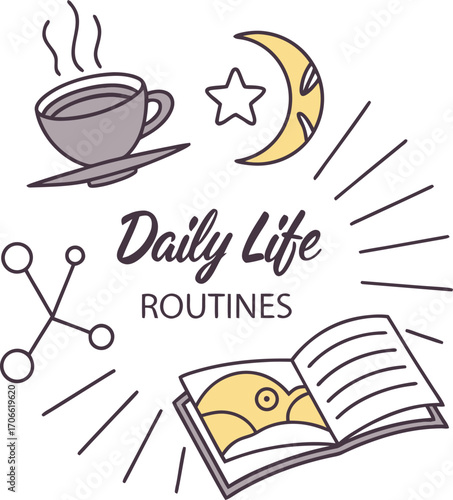 A cozy lifestyle design with coffee, moon, and book icons highlighting daily routines. Perfect for those who value balance, relaxation, and mindful living.