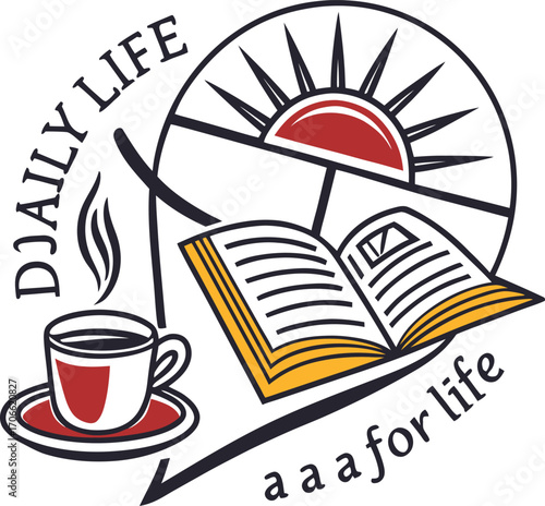 Inspirational design with coffee, book, and sunrise, symbolizing learning, energy, and positivity for a balanced daily life filled with focus and motivation.