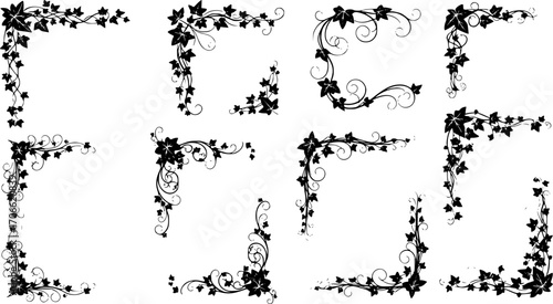 Black & White Ivy Vine Vector Graphics: Corner Design Elements, Floral Swirls, Decorative Plant Illustrations for Scrapbooking & Crafts