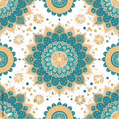 Seamless pattern of Teal blue gold mandala pattern seamless textile design for hobbies and leisure.