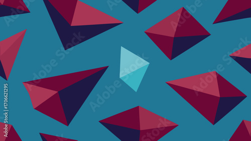 Seamless Pattern of Low Poly Geometric Pyramids in Teal and Burgundy vector illustration