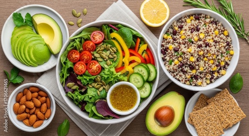 Healthy Vegan Lunch Bowl with Avocado, Quinoa, and Fresh Vegetables.