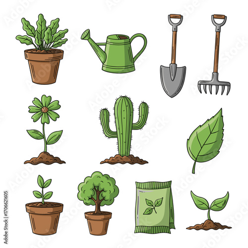 Set of 10 garden and plant icons in hand drawn green and brown doodle style. Vector illustration with potted plants, watering can, shovel, rake, flower, cactus, leaf, tree, seed packet, sprout