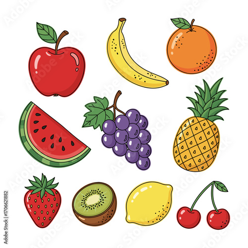 Set of fruit icons in hand drawn colorful doodle style. Vector illustration with apple, banana, orange, watermelon, grapes, pineapple, strawberry, kiwi, lemon, cherry