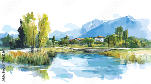 Theth National Park. Theth National Park watercolor vector illustration