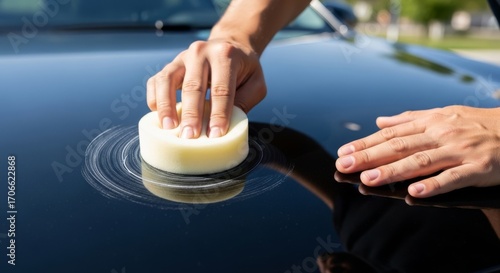 Man applying wax polish on a shiny black car hood.