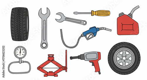 Automotive repair tools and equipment for tire service maintenance and car repair service and auto mechanic shop vector