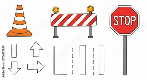 Road construction safety signs and traffic management equipment vector illustration for roadwork safety design vector