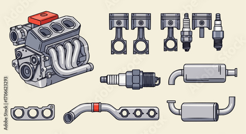 Automotive engine parts illustration including pistons spark plugs exhaust manifold and muffler for car repair shop vector
