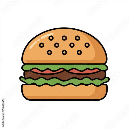 Classic hamburger icon with sesame seed bun, beef patty, and fresh lettuce. Simple flat design vector illustration for fast food concepts