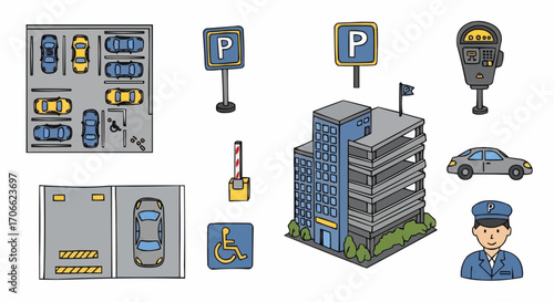 Parking lot design with parking garage parking meter parking attendant and handicap parking spots and signs scene vector