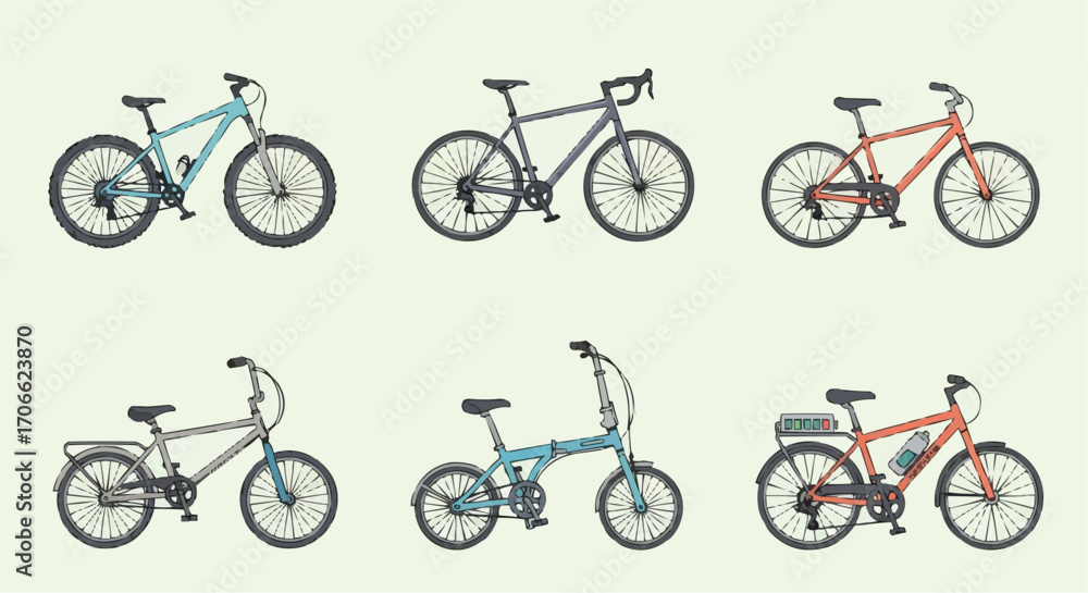 Obraz premium Explore different types of bicycles mountain bike road bike bmx bike folding bike electric bike and kids bike vector