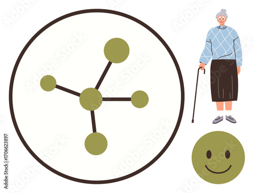 Elderly woman holding a cane beside a node diagram symbolizing connectivity, and a happy face. Ideal for community, aging, healthcare, support systems, well-being, connection simplicity. A simple
